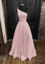 A Line One Shoulder Sleeveless Long Floor Length Sequined Prom Dresses With Pockets