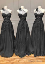 A Line One Shoulder Sleeveless Long Floor Length Tulle Prom Dresses with Appliqued Split