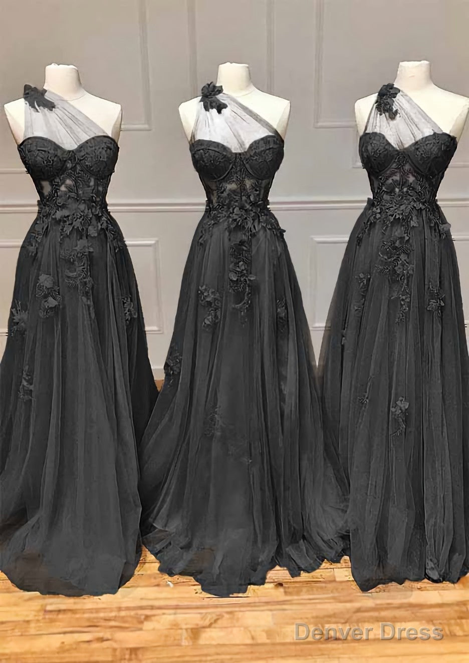 A Line One Shoulder Sleeveless Long Floor Length Tulle Prom Dresses with Appliqued Split