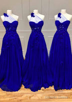 A-line One-Shoulder Sleeveless Long/Floor-Length Tulle Prom Dresses with Appliqued Split