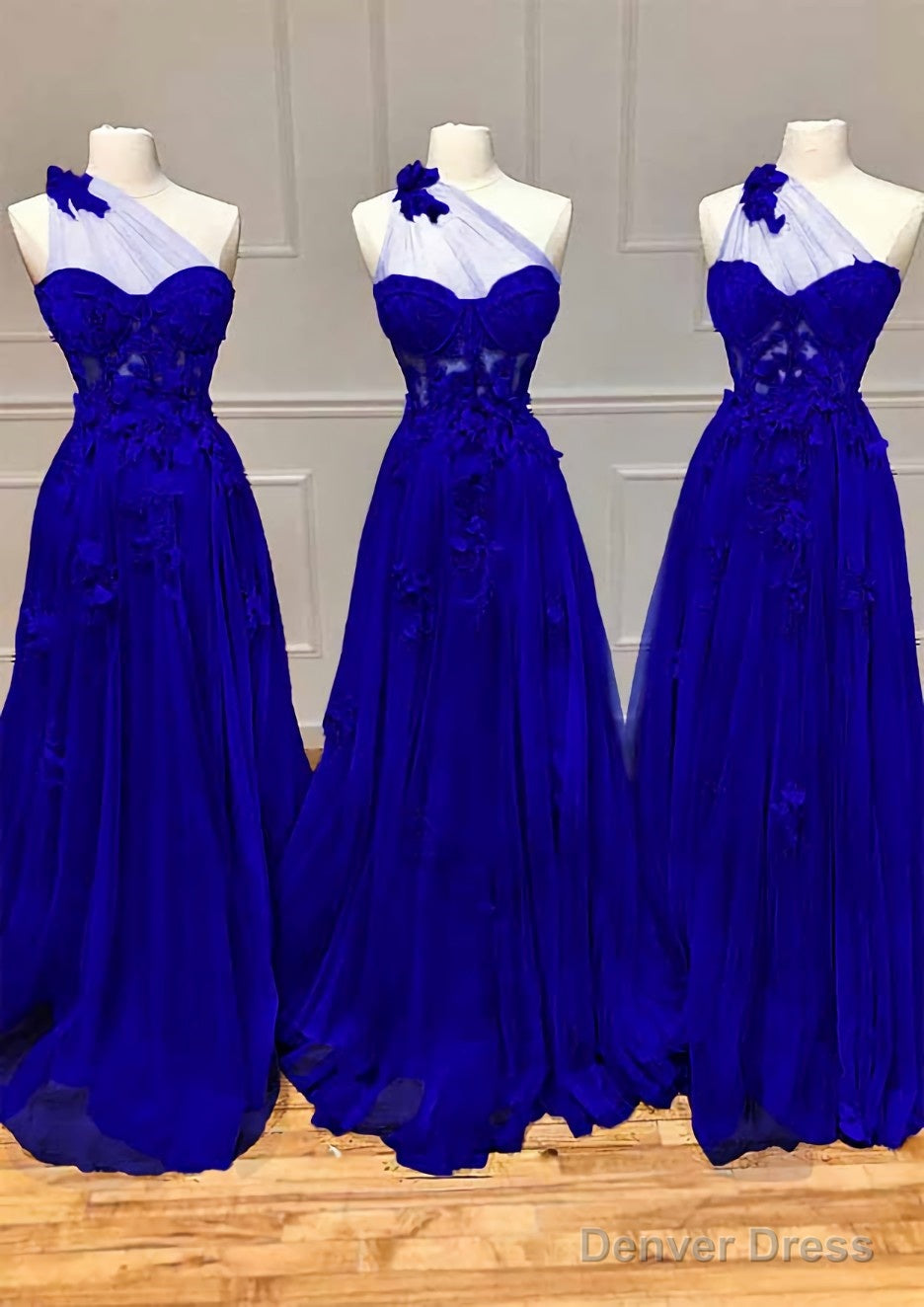 A-line One-Shoulder Sleeveless Long/Floor-Length Tulle Prom Dresses with Appliqued Split