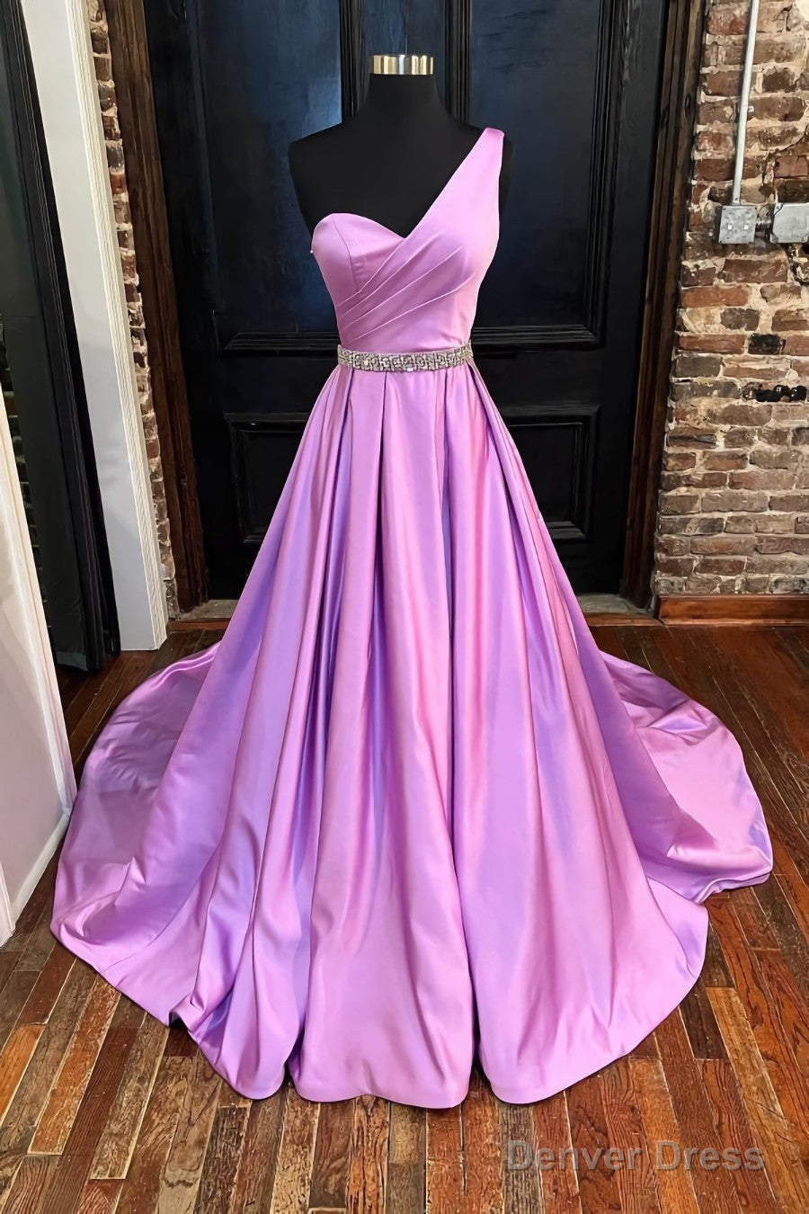 A Line One Shoulder Sleeveless Satin Long Floor Length Prom Dresses With Beading Pleated Main image