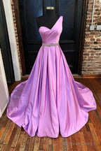 A Line One Shoulder Sleeveless Satin Long Floor Length Prom Dresses With Beading Pleated