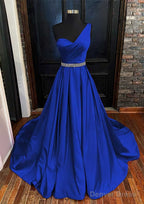 A-line One-Shoulder Sleeveless Satin Long/Floor-Length Prom Dresses With Beading Pleated