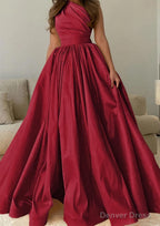 A Line One Shoulder Sleeveless Sweep Train Satin Prom Dresses with Pleated