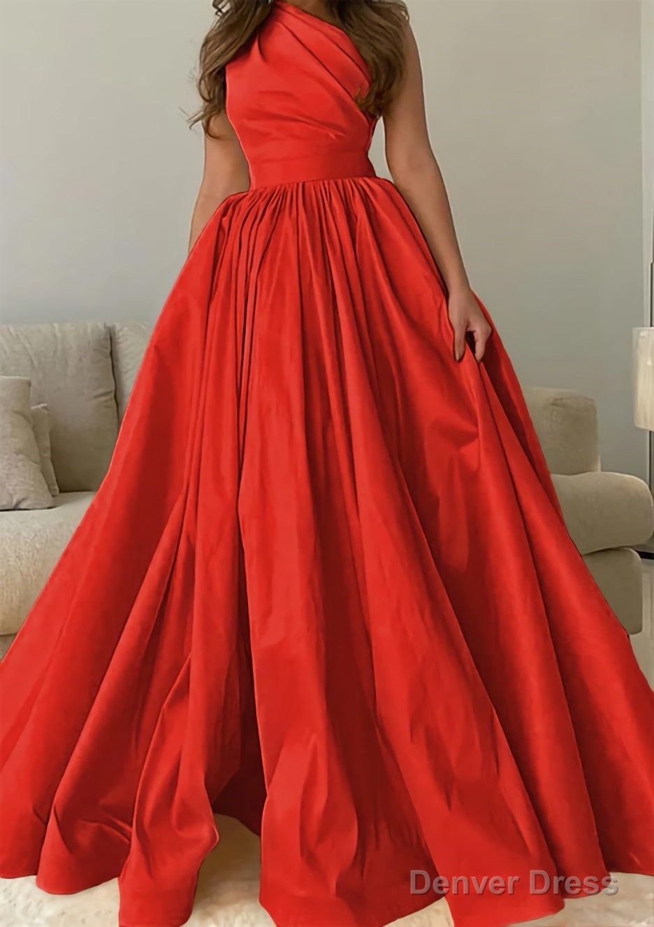 A Line One Shoulder Sleeveless Sweep Train Satin Prom Dresses with Pleated
