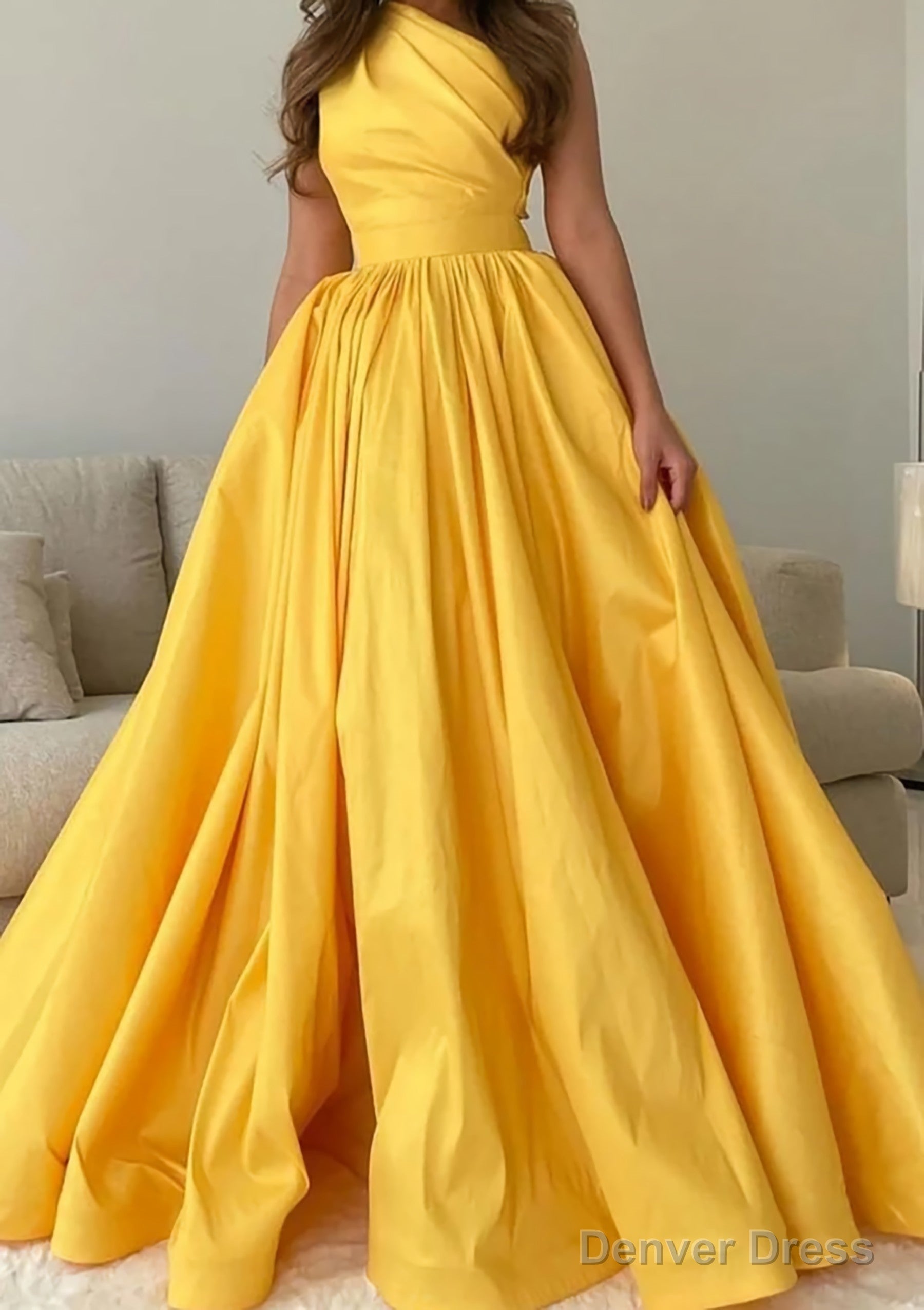 A Line One Shoulder Sleeveless Sweep Train Satin Prom Dresses with Pleated