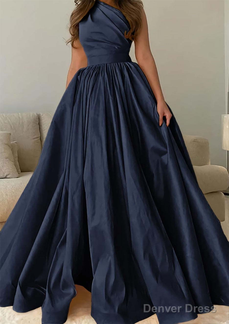 A-line One-Shoulder Sleeveless Sweep Train Satin Prom Dresses with Pleated