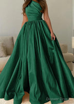 A Line One Shoulder Sleeveless Sweep Train Satin Prom Dresses with Pleated