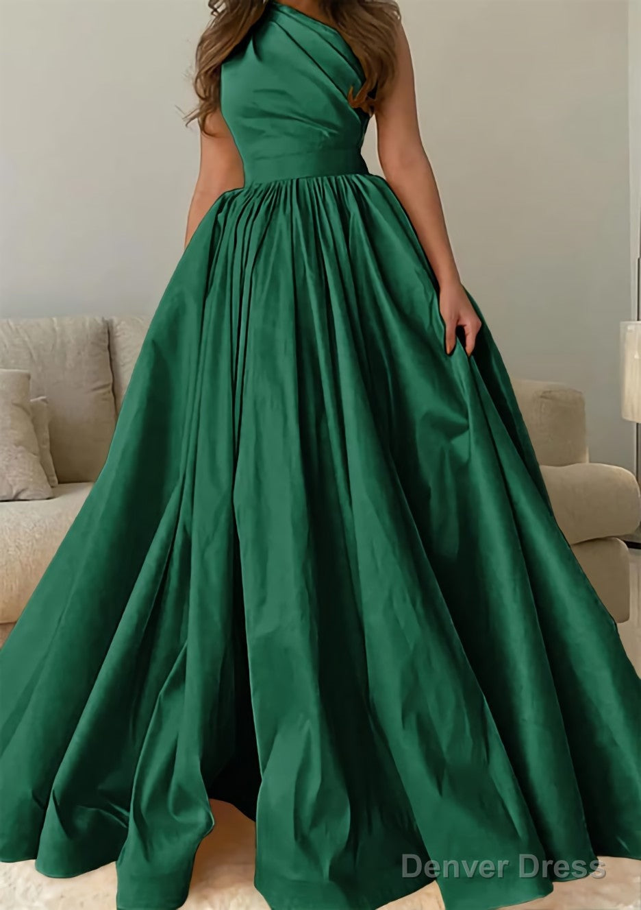 A Line One Shoulder Sleeveless Sweep Train Satin Prom Dresses with Pleated