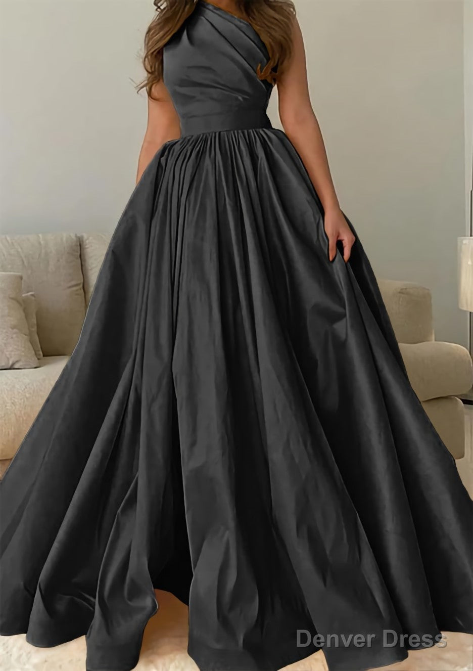 A-line One-Shoulder Sleeveless Sweep Train Satin Prom Dresses with Pleated