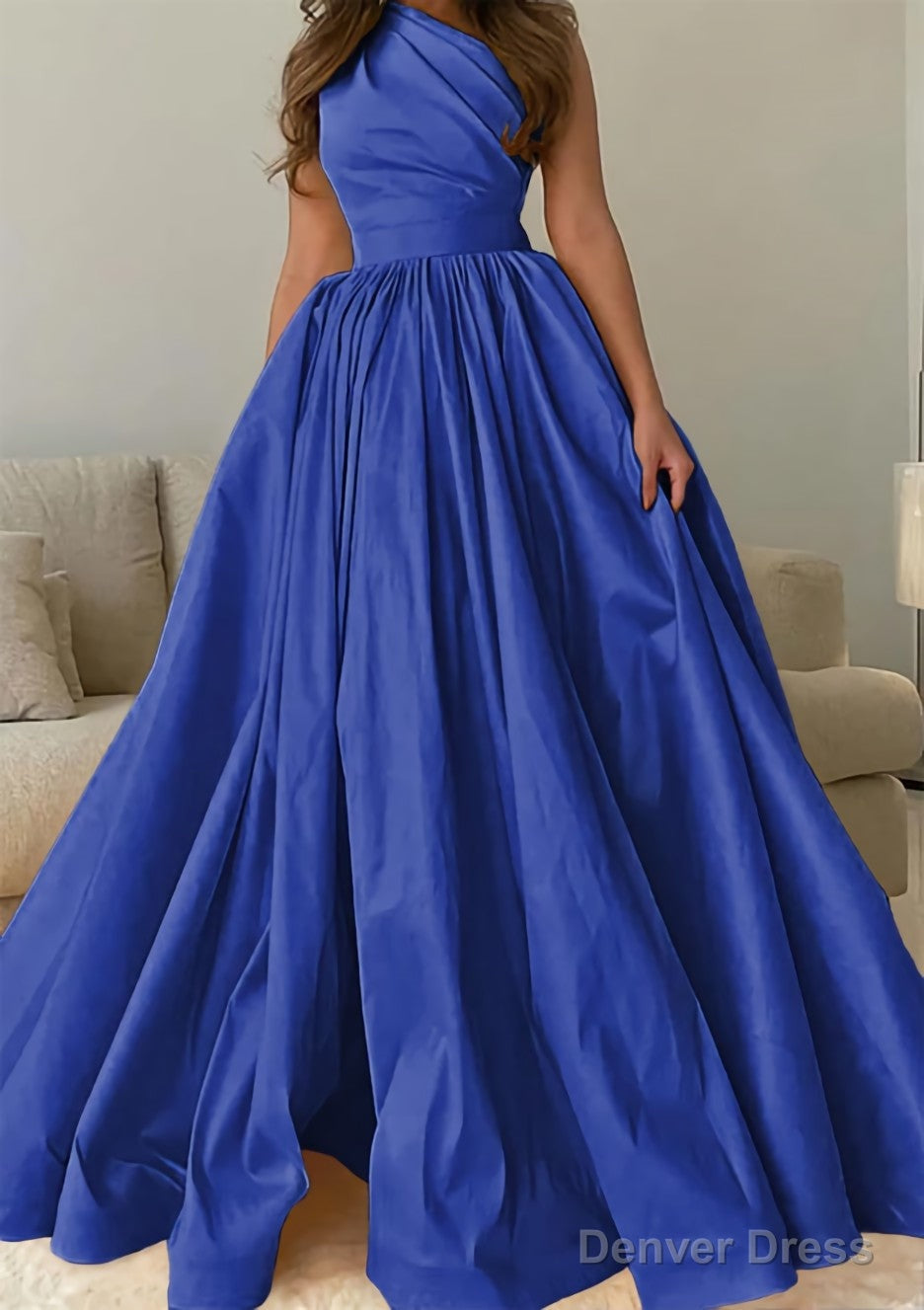 A Line One Shoulder Sleeveless Sweep Train Satin Prom Dresses with Pleated