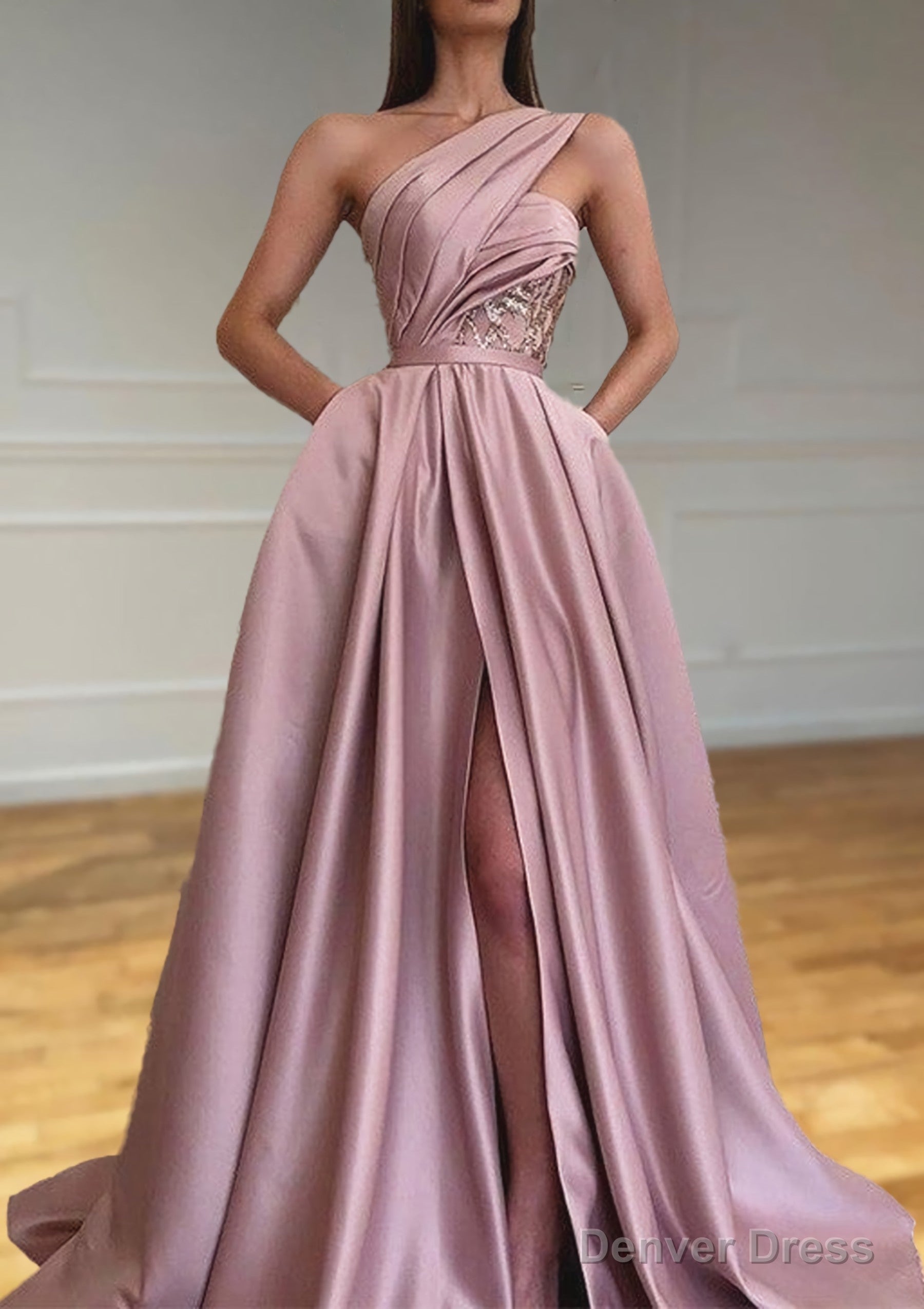 A-line One-Shoulder Sleeveless Sweep Train Satin Prom Dresses With Split Pleated Main image