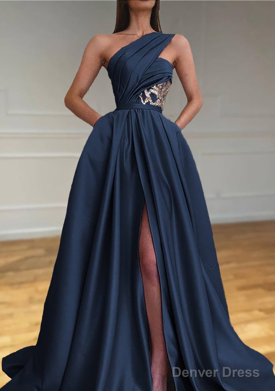 A-line One-Shoulder Sleeveless Sweep Train Satin Prom Dresses With Split Pleated Secondary image