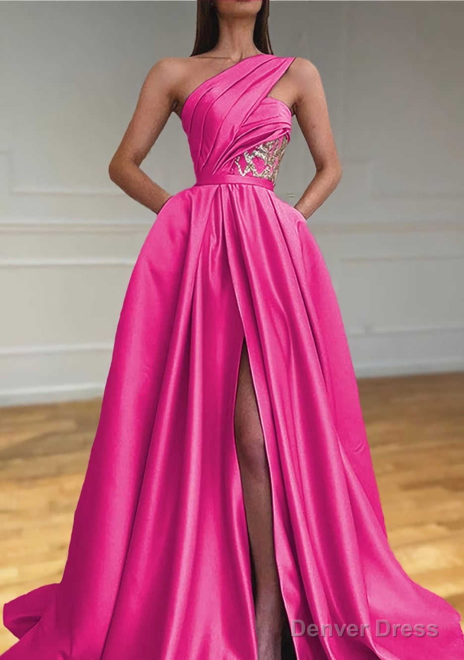 A Line One Shoulder Sleeveless Sweep Train Satin Prom Dresses With Split Pleated