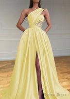 A Line One Shoulder Sleeveless Sweep Train Satin Prom Dresses With Split Pleated