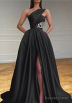 A-line One-Shoulder Sleeveless Sweep Train Satin Prom Dresses With Split Pleated