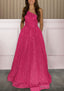 A Line One Shoulder Sleeveless Sweep Train Sequined Prom Dresses with Pockets