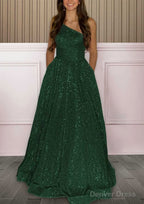 A Line One Shoulder Sleeveless Sweep Train Sequined Prom Dresses with Pockets