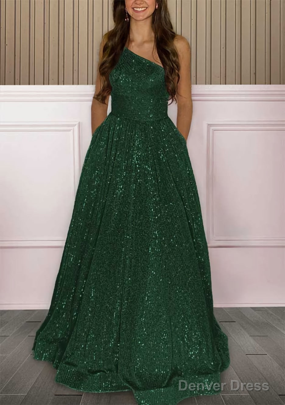 A Line One Shoulder Sleeveless Sweep Train Sequined Prom Dresses with Pockets