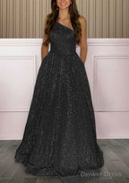 A Line One Shoulder Sleeveless Sweep Train Sequined Prom Dresses with Pockets