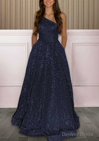 A Line One Shoulder Sleeveless Sweep Train Sequined Prom Dresses with Pockets