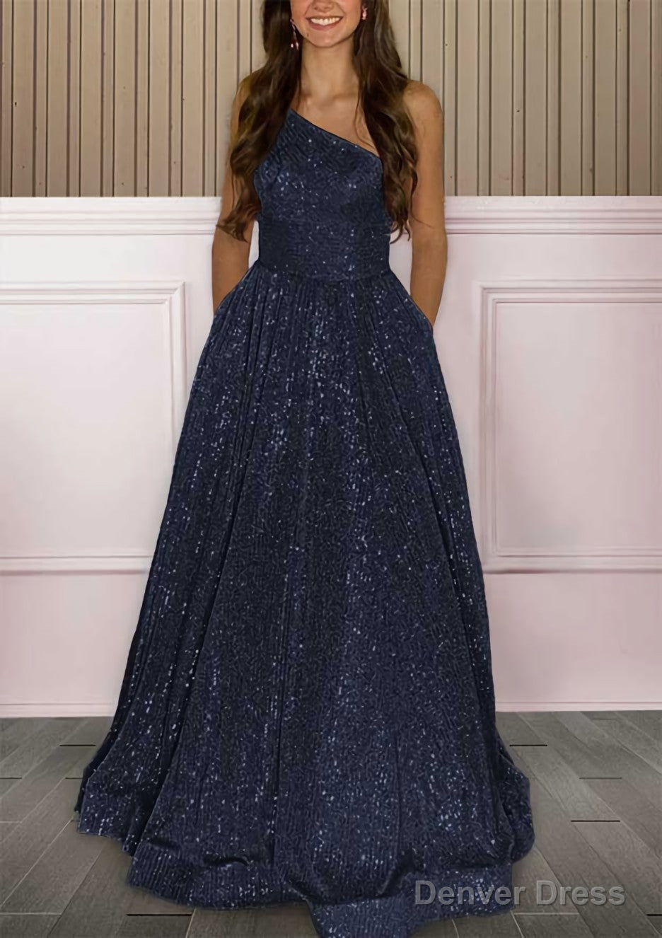A Line One Shoulder Sleeveless Sweep Train Sequined Prom Dresses with Pockets