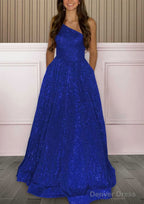 A Line One Shoulder Sleeveless Sweep Train Sequined Prom Dresses with Pockets
