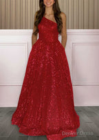 A Line One Shoulder Sleeveless Sweep Train Sequined Prom Dresses with Pockets