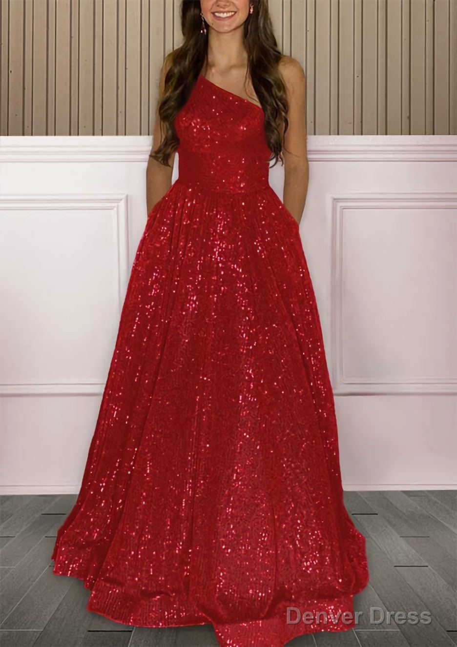 A Line One Shoulder Sleeveless Sweep Train Sequined Prom Dresses with Pockets