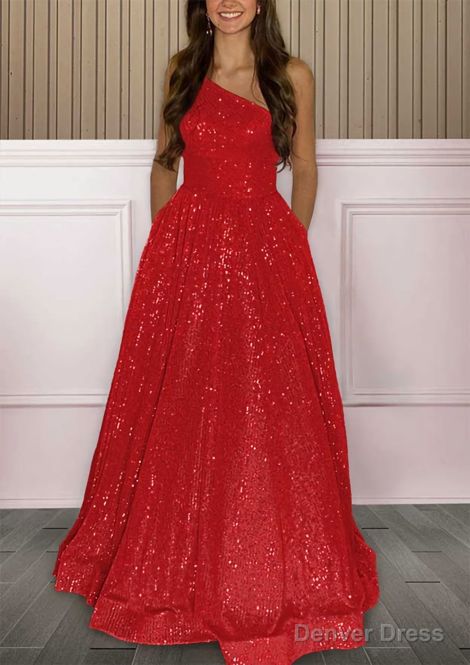 A Line One Shoulder Sleeveless Sweep Train Sequined Prom Dresses with Pockets
