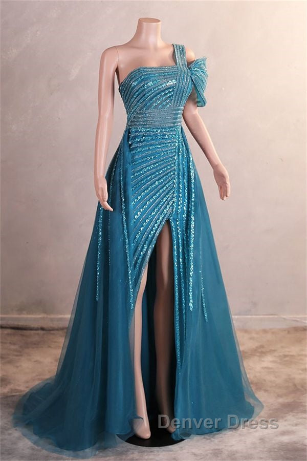 A-Line One Shoulder Tulle Beaded Long Prom Dresses Elegant Evening Gown