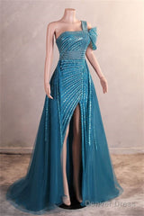 A-Line One Shoulder Tulle Beaded Long Prom Dress Elegant Evening Gown
