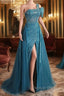 A-Line One Shoulder Tulle Beaded Long Prom Dresses Elegant Evening Gown