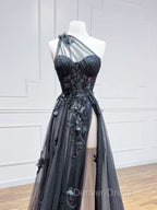 A-Line One Shoulder Tulle Black Long Prom Dresses, Black Formal Evening Dresses