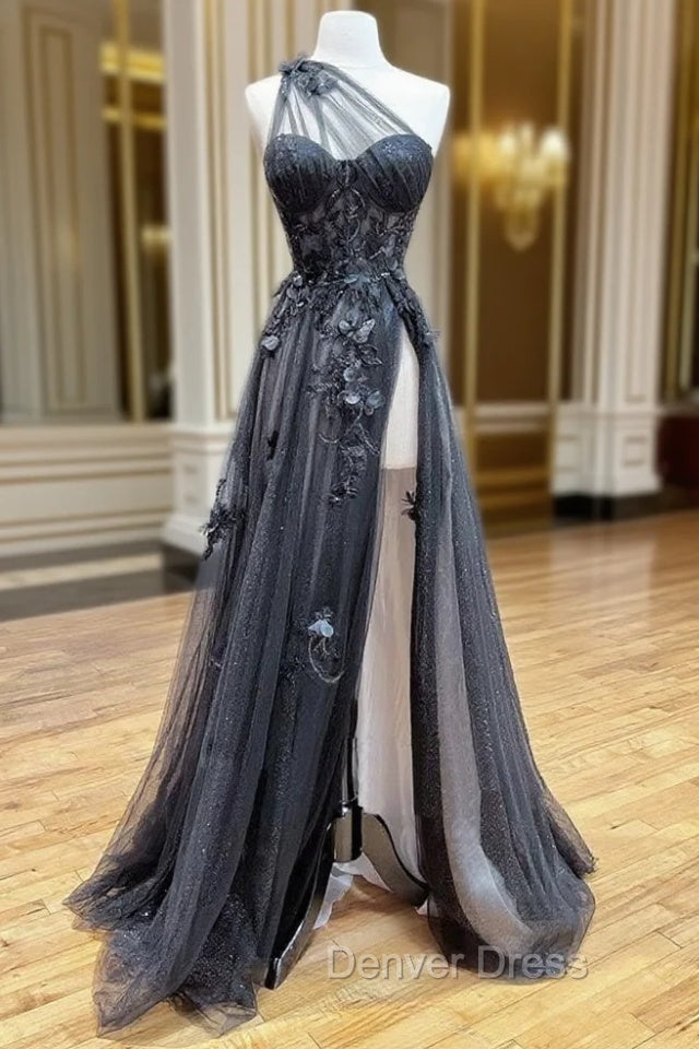 A-Line One Shoulder Tulle Black Long Prom Dresses, Black Formal Evening Dresses
