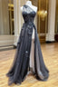 A-Line One Shoulder Tulle Black Long Prom Dresses, Black Formal Evening Dresses