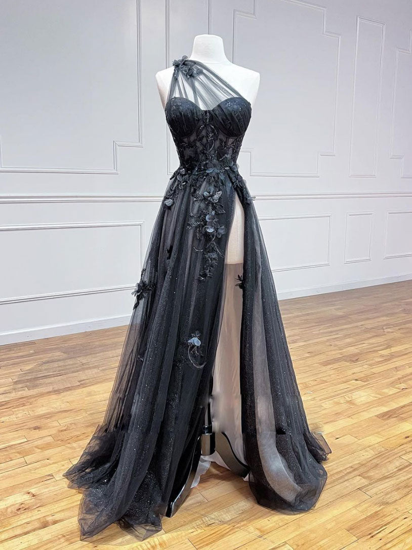 A-Line One Shoulder Tulle Lace Black Prom Dresses, Black Long Evening Dresses Main image