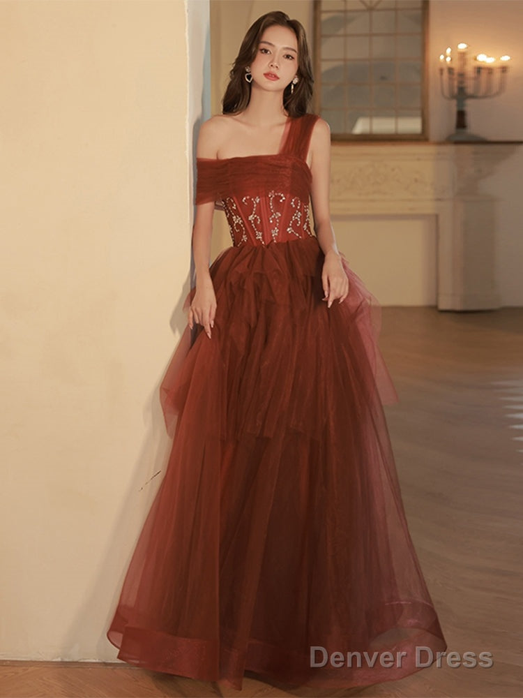 A Line One Shoulder Tulle Long Burgundy Prom Dresses, Burgundy Formal Graduation Dress With Sequin Beading Main image