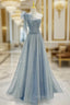 A-Line One Shoulder Tulle Sequin Gray Blue Long Prom Dresses, Sequin Long Formal Dresses