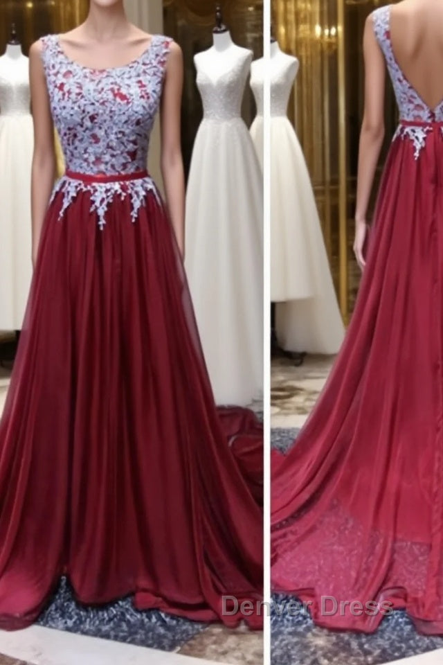A Line Open Back Lace Burgundy Prom Dress, Burgundy Prom Dresses Main image