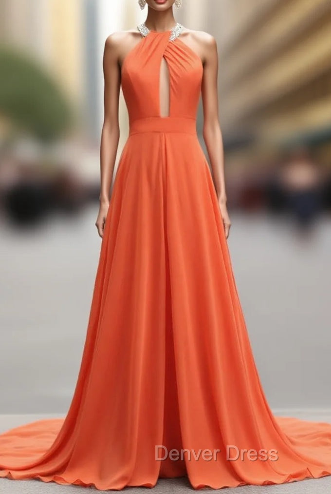 A-Line Orange Chiffon Halter Cut Out Backless Prom Dresses