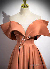 A-Line Orange Satin Beaded Sweetheart Prom Dress, Orange Long Evening Dress