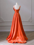 A Line Orange Satin Long Prom Dress, Orange Long Prom Dresses