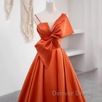 A Line Orange Satin Prom Dresses Sweet Bow Birthday Party Dresses