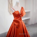 A Line Orange Satin Prom Dresses Sweet Bow Birthday Party Dresses
