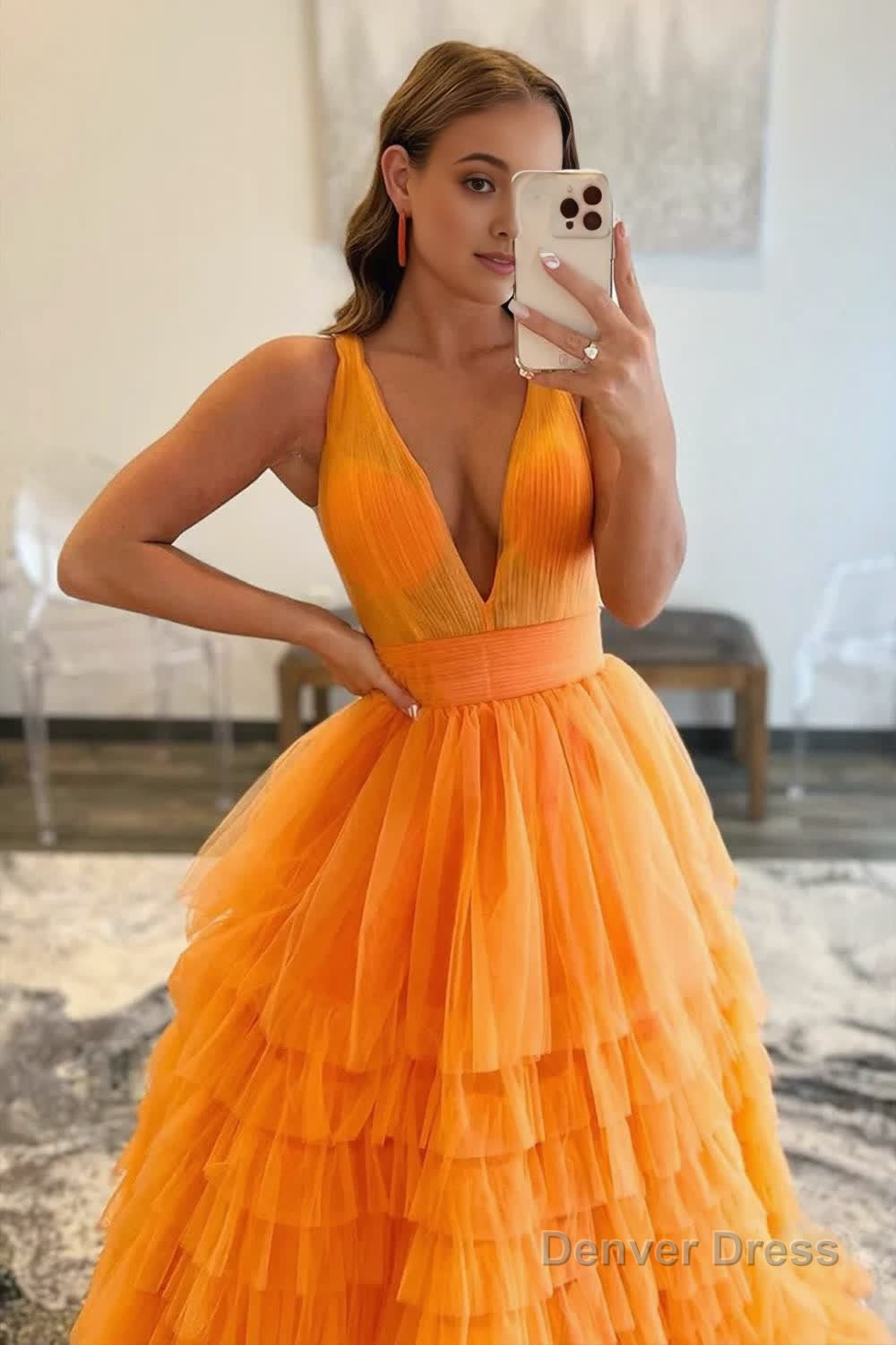 A-line Orange V-Neck Tulle Long Prom Dress Secondary image