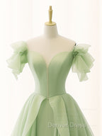 A Line Organza Green Long Prom Dress, Green Long Graduation Dresses