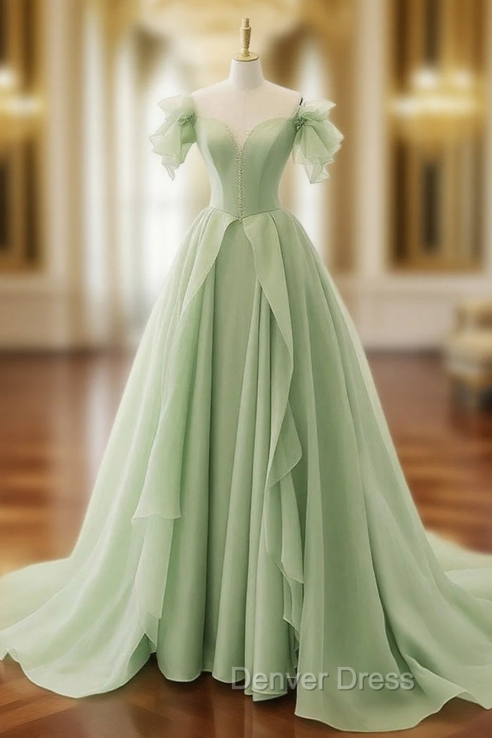 A-Line Organza Green Long Prom Dresses, Green Long Graduation Dresses Main image