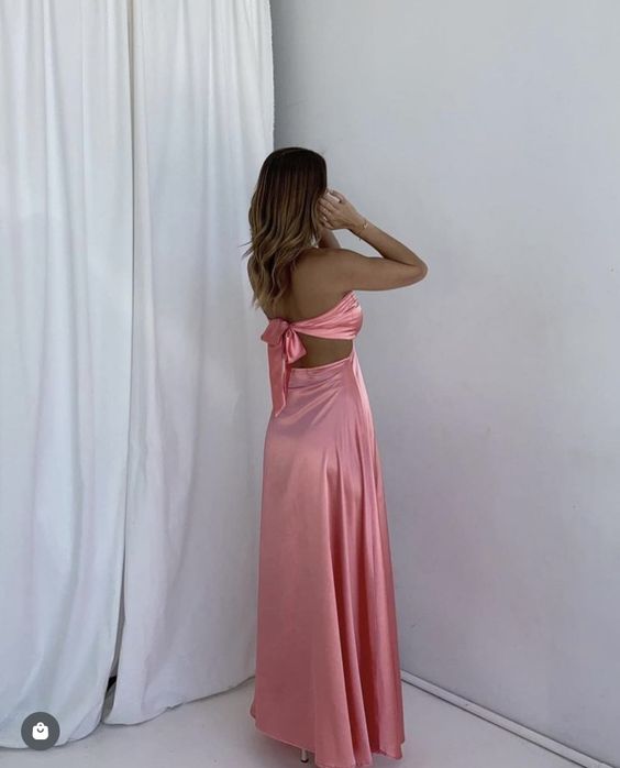 A Line Pink Backless Evening Party Dresses Long Pink Prom Dresses